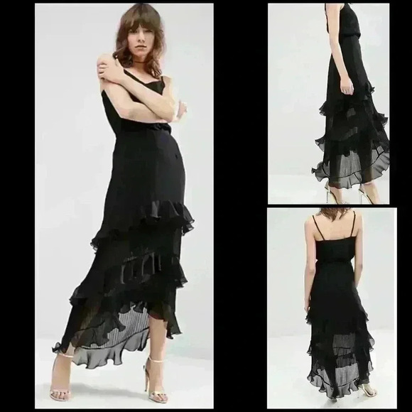 ASOS Drop Waist Maxi Coquette Skirt Ruffle\Pleated Detail In Navy Blue Size 0 - Picture 1 of 10